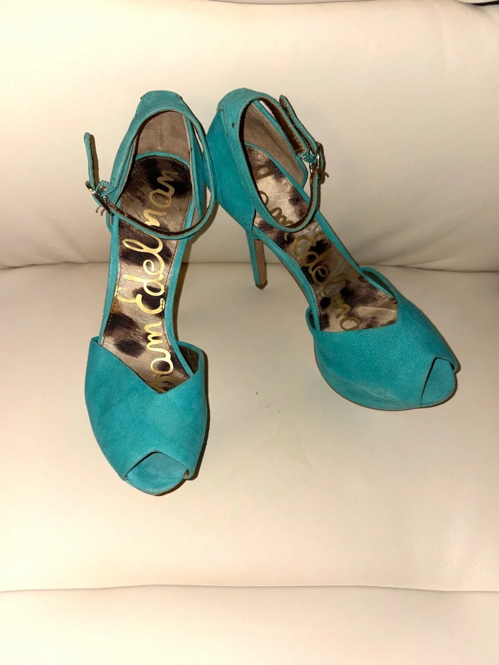 Sam Edelman Teal Suede Peep-Toe Ankle-Strap Heels